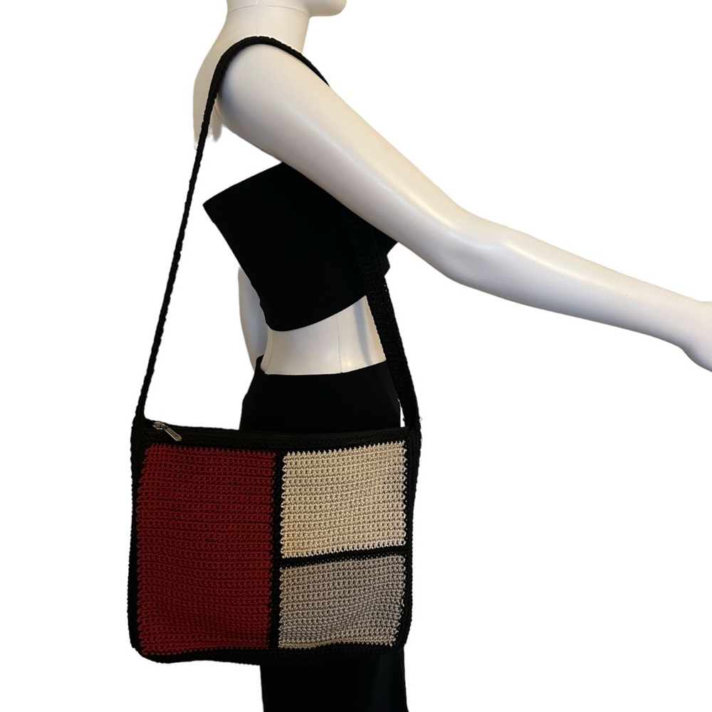 The Sak Black Red Tan Colorblock Elliot Crochet Shoulder crossbody Bag Purse